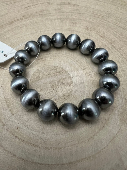 Faux Sterling Pearl Stretch Bracelet - 11 mm faux pearls - Cowhide and Conchos