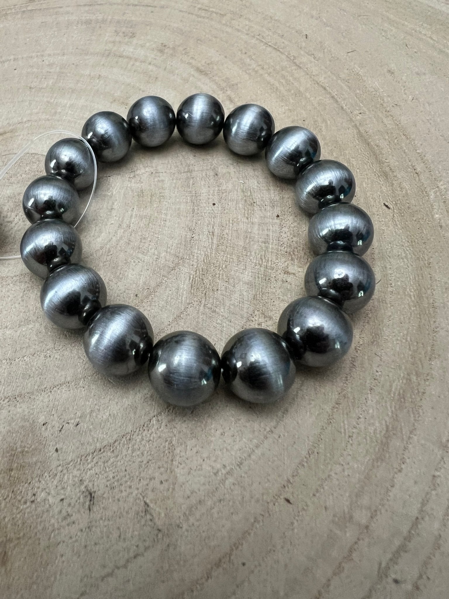 Faux Sterling Pearl Stretch Bracelet - 11 mm faux pearls - Cowhide and Conchos