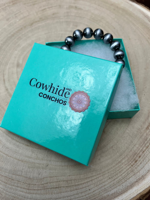Faux Sterling Pearl Stretch Bracelet - 11 mm faux pearls - Cowhide and Conchos