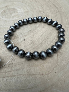 Faux Sterling Pearl Stretch Bracelet - 8mm faux pearls - Cowhide and Conchos