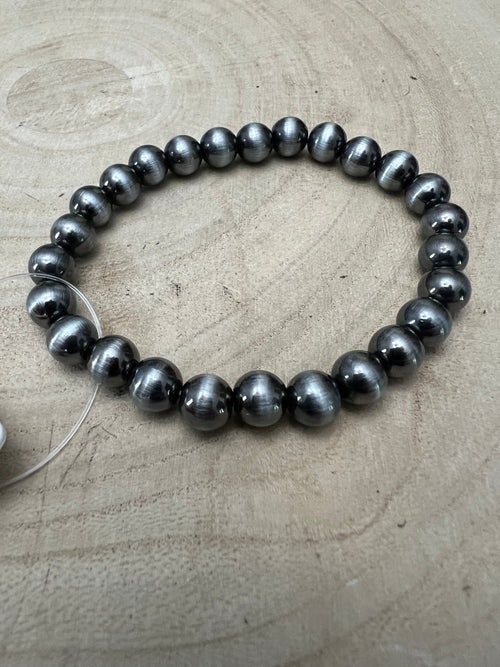 Faux Sterling Pearl Stretch Bracelet - 8mm faux pearls - Cowhide and Conchos