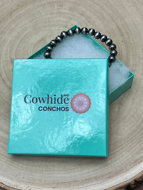 Faux Sterling Pearl Stretch Bracelet - 8mm faux pearls - Cowhide and Conchos