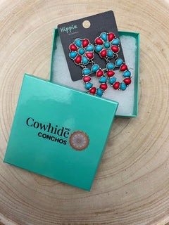 Faux Turquoise and Coral Cluster Post Earrings - Cowhide and Conchos