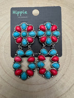 Faux Turquoise and Coral Cluster Post Earrings - Cowhide and Conchos