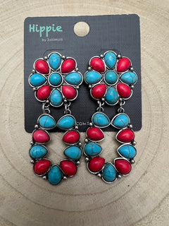 Faux Turquoise and Coral Cluster Post Earrings - Cowhide and Conchos