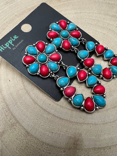 Faux Turquoise and Coral Cluster Post Earrings - Cowhide and Conchos