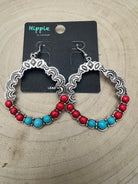 Faux Turquoise and Coral Hoop Earring - 1 3/4 inch drop - Cowhide and Conchos