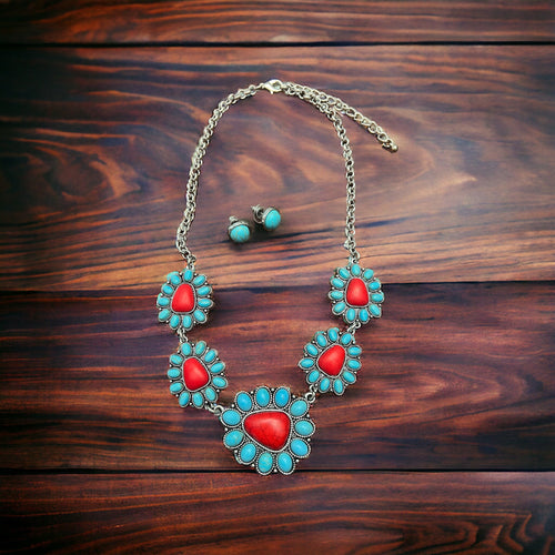 Faux Turquoise and Coral Necklace & Earring Set - Cowhide and Conchos