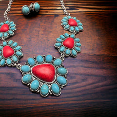 Faux Turquoise and Coral Necklace & Earring Set - Cowhide and Conchos