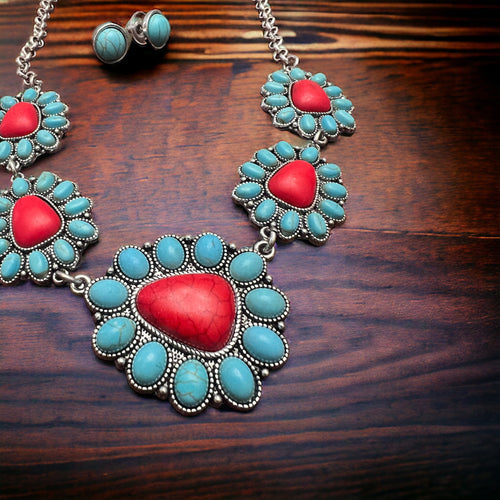 Faux Turquoise and Coral Necklace & Earring Set - Cowhide and Conchos