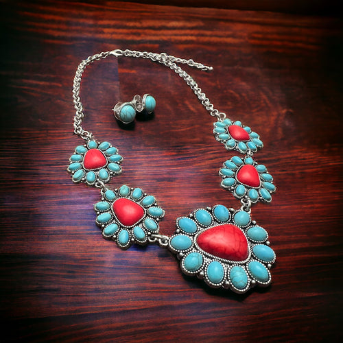 Faux Turquoise and Coral Necklace & Earring Set - Cowhide and Conchos