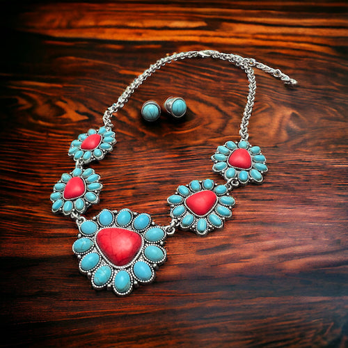 Faux Turquoise and Coral Necklace & Earring Set - Cowhide and Conchos