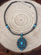 Faux Turquoise and Faux Sterling Pearl Concho Necklace - 20 inch + 3 - Cowhide and Conchos