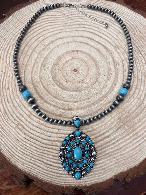 Faux Turquoise and Faux Sterling Pearl Concho Necklace - 20 inch + 3 - Cowhide and Conchos