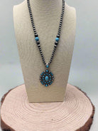 Faux Turquoise and Faux Sterling Pearl Concho Necklace - 20 inch + 3 - Cowhide and Conchos