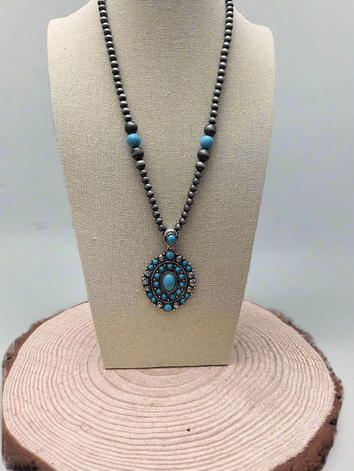 Faux Turquoise and Faux Sterling Pearl Concho Necklace - 20 inch + 3 - Cowhide and Conchos