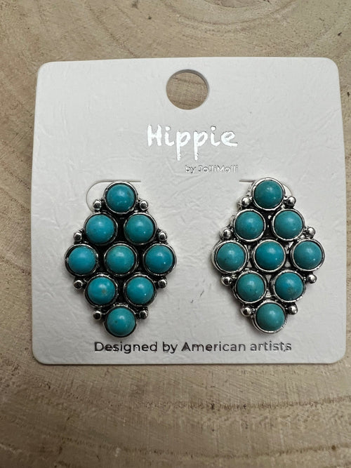 Faux Turquoise Cluster Post Earrings - 1 inch drop - Cowhide and Conchos