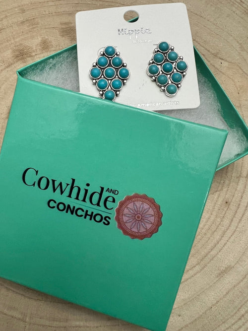 Faux Turquoise Cluster Post Earrings - 1 inch drop - Cowhide and Conchos