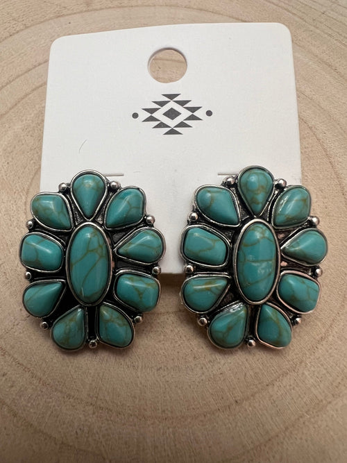 Faux Turquoise Cluster Stud Earrings - Cowhide and Conchos
