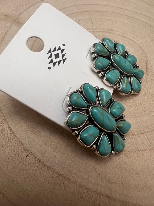 Faux Turquoise Cluster Stud Earrings - Cowhide and Conchos