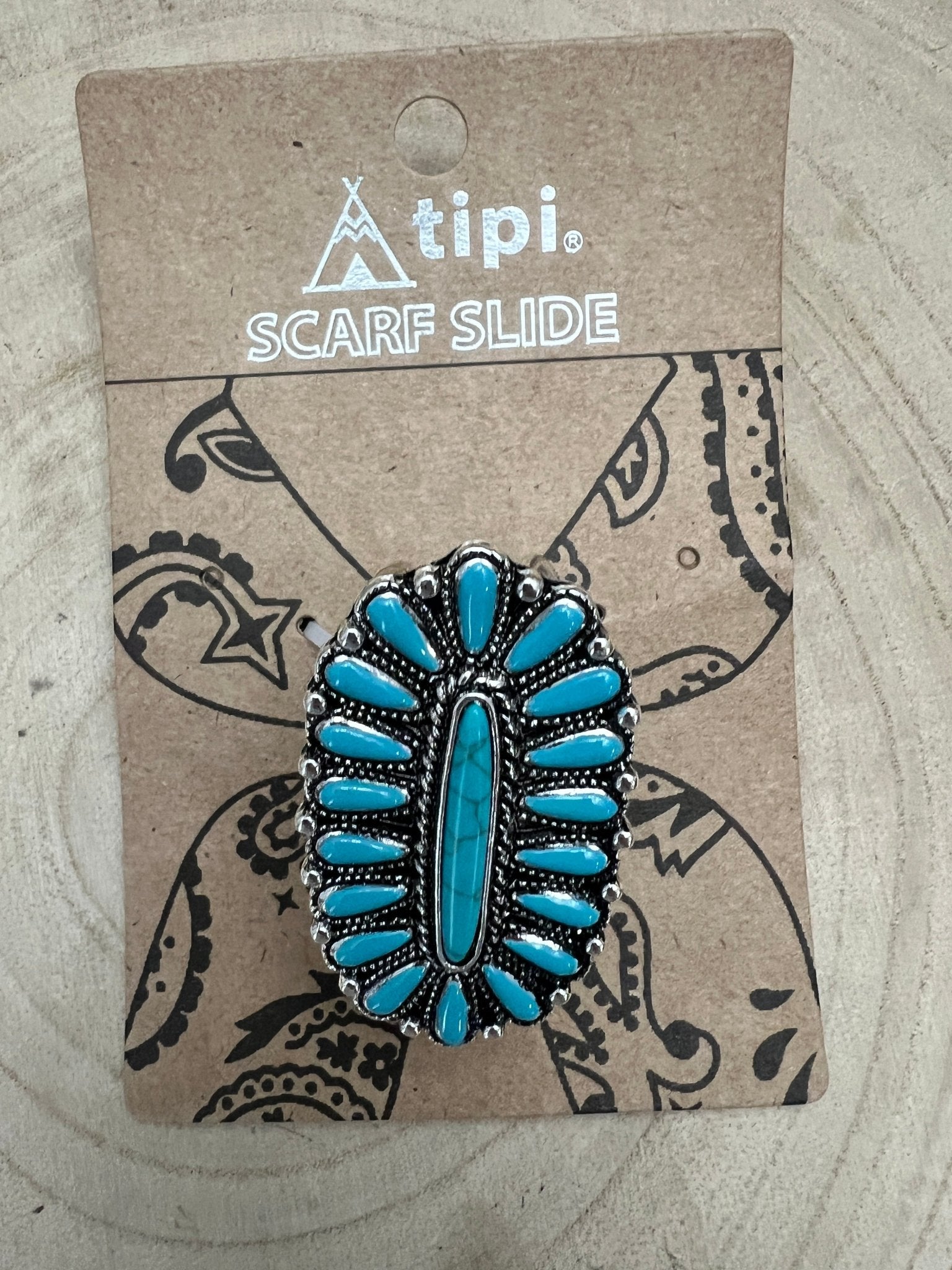 Faux Turquoise Cluster Wild Rag Scarf Slide - Cowhide and Conchos