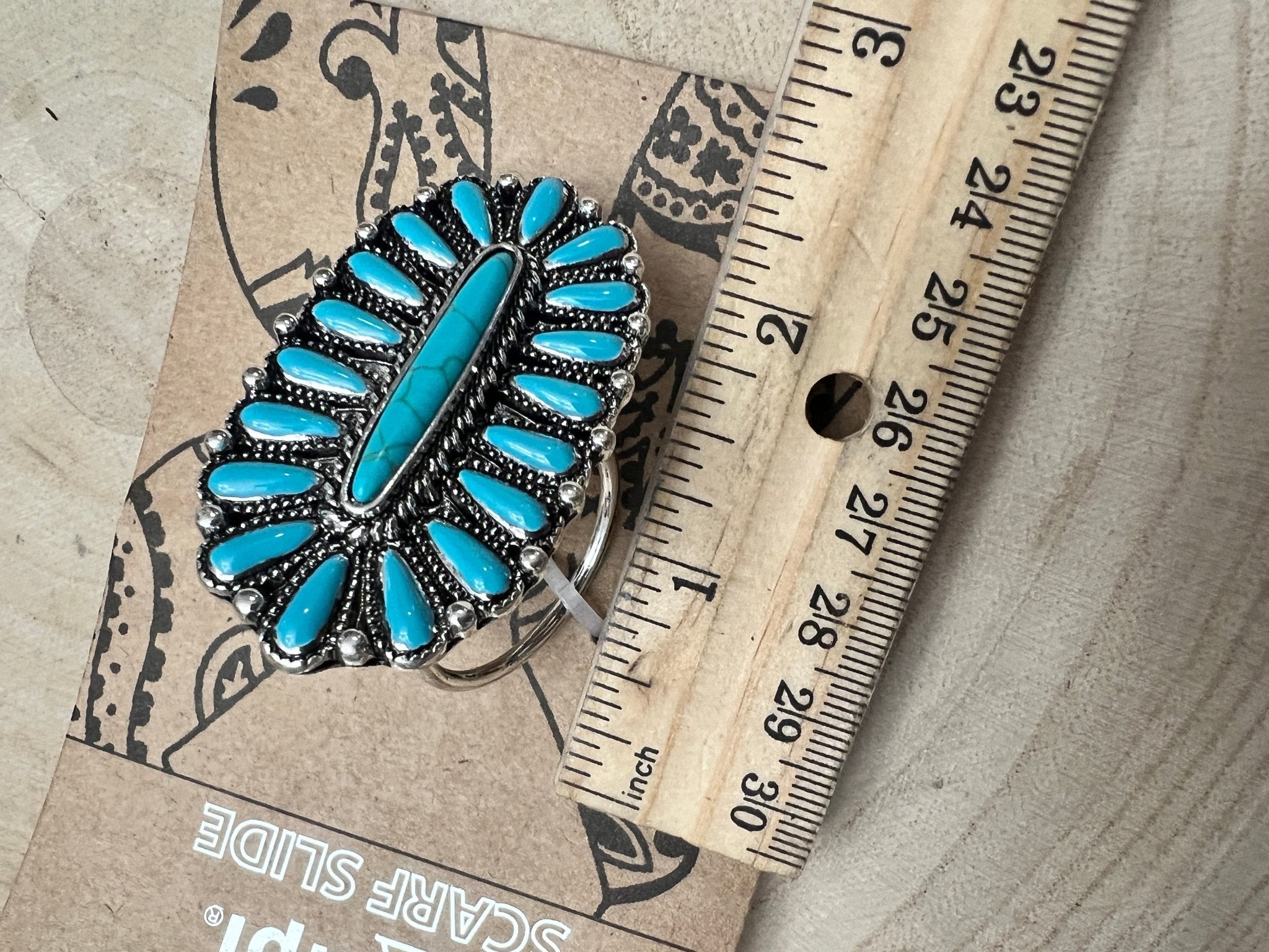 Faux Turquoise Cluster Wild Rag Scarf Slide - Cowhide and Conchos