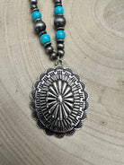 Faux Turquoise & Concho Pendant and Faux Sterling Pearl Necklace - 21 inch + 3 - Cowhide and Conchos
