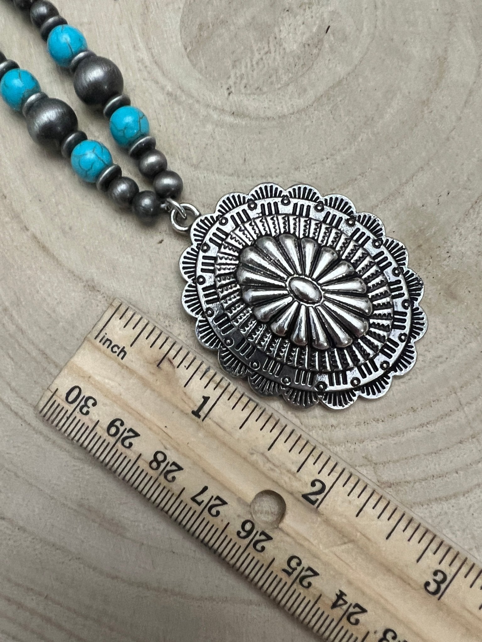 Faux Turquoise & Concho Pendant and Faux Sterling Pearl Necklace - 21 inch + 3 - Cowhide and Conchos