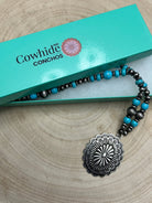 Faux Turquoise & Concho Pendant and Faux Sterling Pearl Necklace - 21 inch + 3 - Cowhide and Conchos