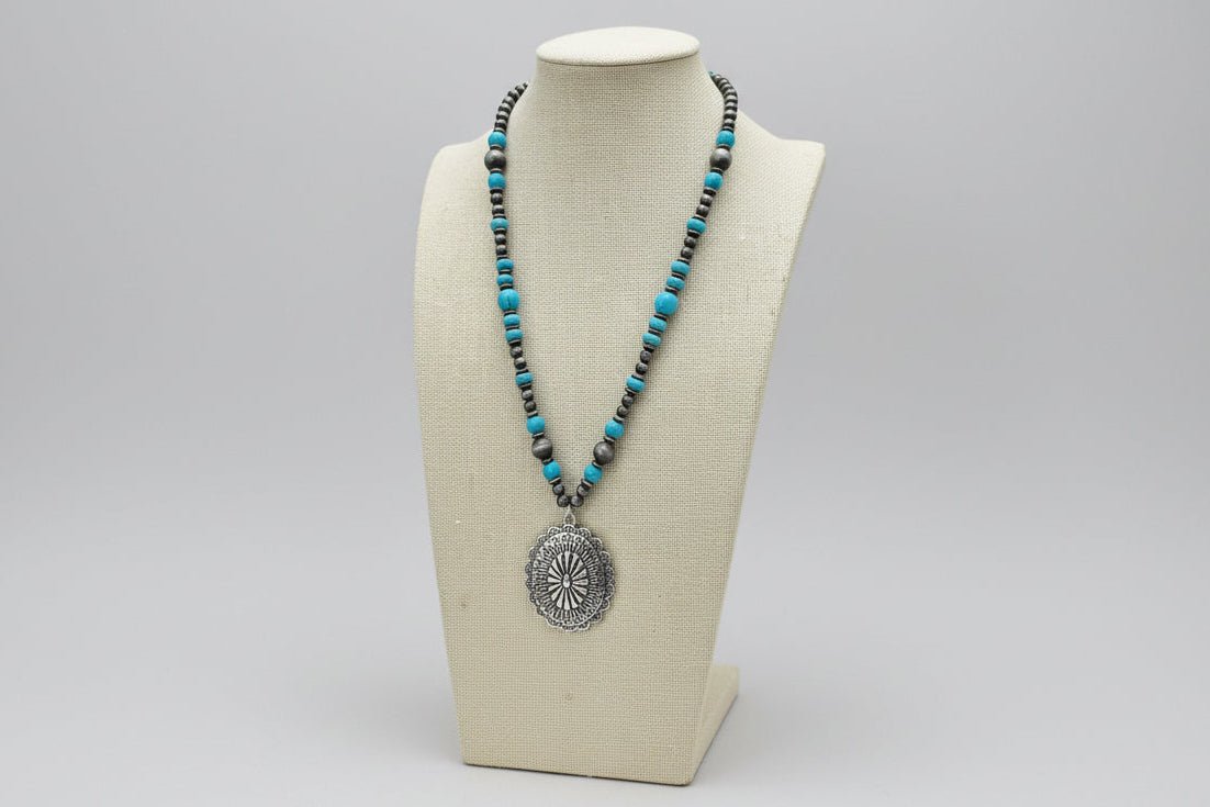 Faux Turquoise & Concho Pendant and Faux Sterling Pearl Necklace - 21 inch + 3 - Cowhide and Conchos