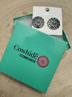 Faux Turquoise Concho Post Earrings - 3/4 inch drop - Cowhide and Conchos