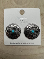 Faux Turquoise Concho Post Earrings - 3/4 inch drop - Cowhide and Conchos