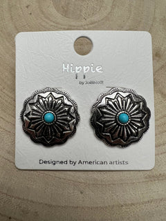 Faux Turquoise Concho Post Earrings - 3/4 inch drop - Cowhide and Conchos