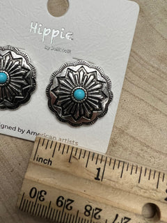 Faux Turquoise Concho Post Earrings - 3/4 inch drop - Cowhide and Conchos