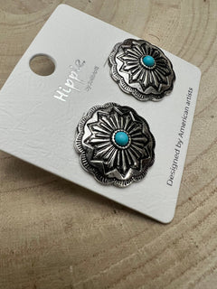 Faux Turquoise Concho Post Earrings - 3/4 inch drop - Cowhide and Conchos