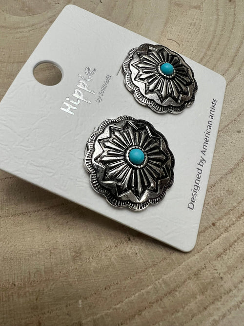 Faux Turquoise Concho Post Earrings - 3/4 inch drop - Cowhide and Conchos
