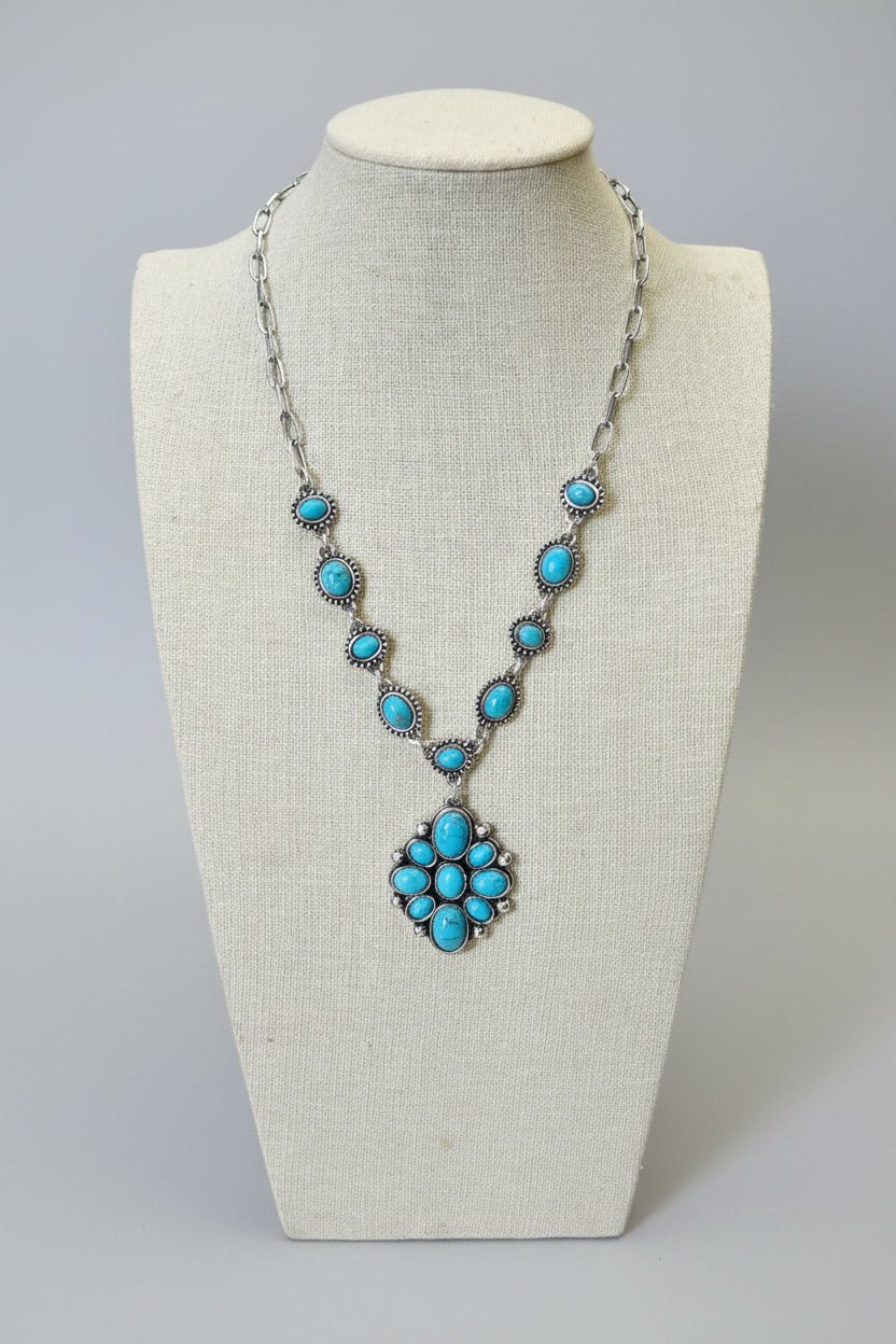 Faux Turquoise Necklace and Pendent - 18" Necklace - Cowhide and Conchos