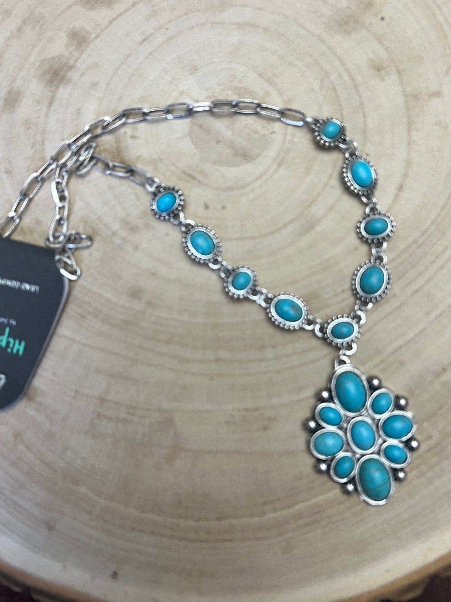 Faux Turquoise Necklace and Pendent - 18" Necklace - Cowhide and Conchos
