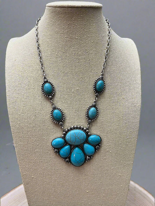 Faux Turquoise Squash Blossom and Earring Set - 18 inch necklace - Cowhide and Conchos