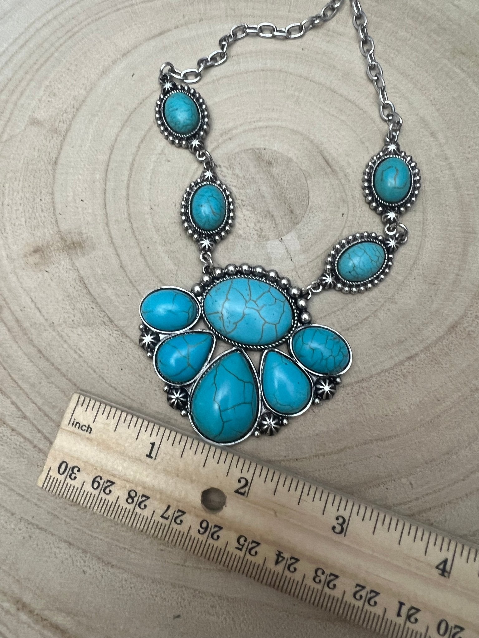 Faux Turquoise Squash Blossom and Earring Set - 18 inch necklace - Cowhide and Conchos