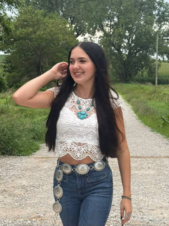 Faux Turquoise Squash Blossom and Earring Set - 18 inch necklace - Cowhide and Conchos