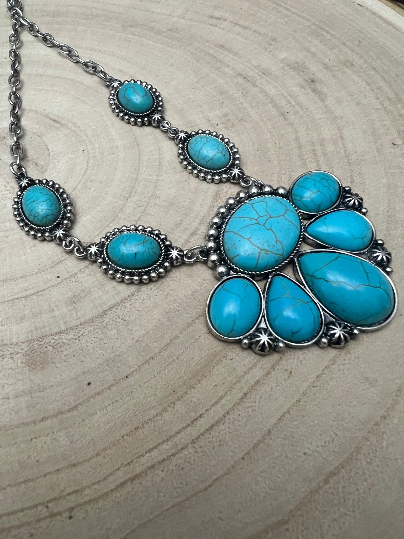 Faux Turquoise Squash Blossom and Earring Set - 18 inch necklace - Cowhide and Conchos