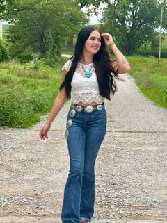 Faux Turquoise Squash Blossom and Earring Set - 18 inch necklace - Cowhide and Conchos