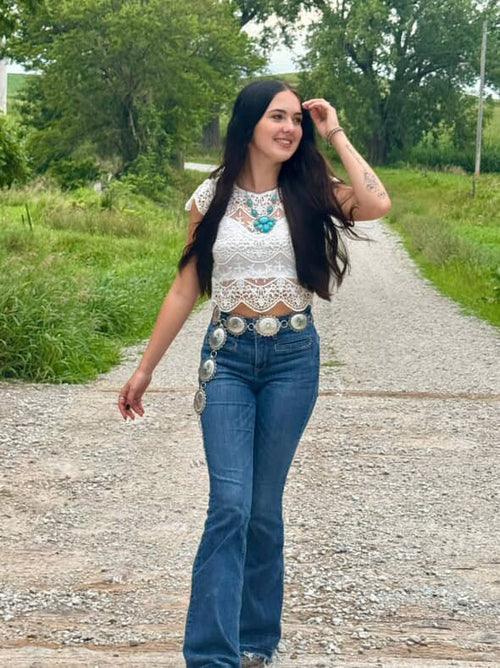 Faux Turquoise Squash Blossom and Earring Set - 18 inch necklace - Cowhide and Conchos