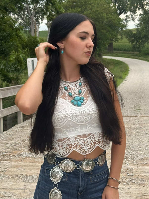 Faux Turquoise Squash Blossom and Earring Set - 18 inch necklace - Cowhide and Conchos