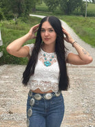 Faux Turquoise Squash Blossom and Earring Set - 18 inch necklace - Cowhide and Conchos