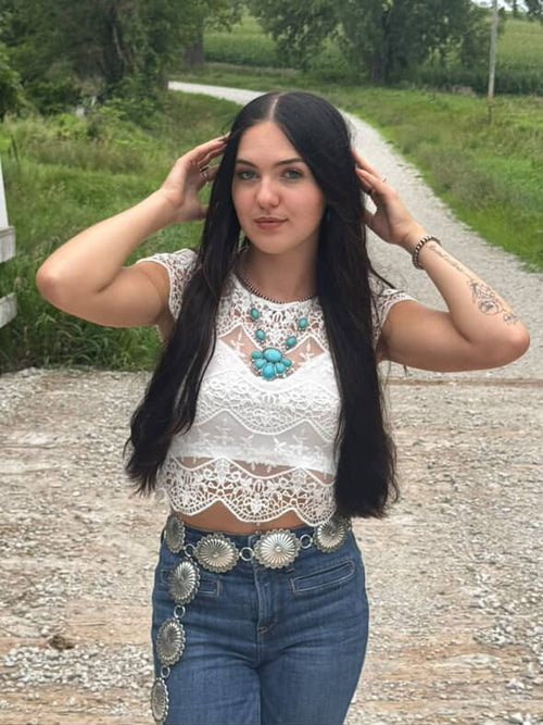 Faux Turquoise Squash Blossom and Earring Set - 18 inch necklace - Cowhide and Conchos