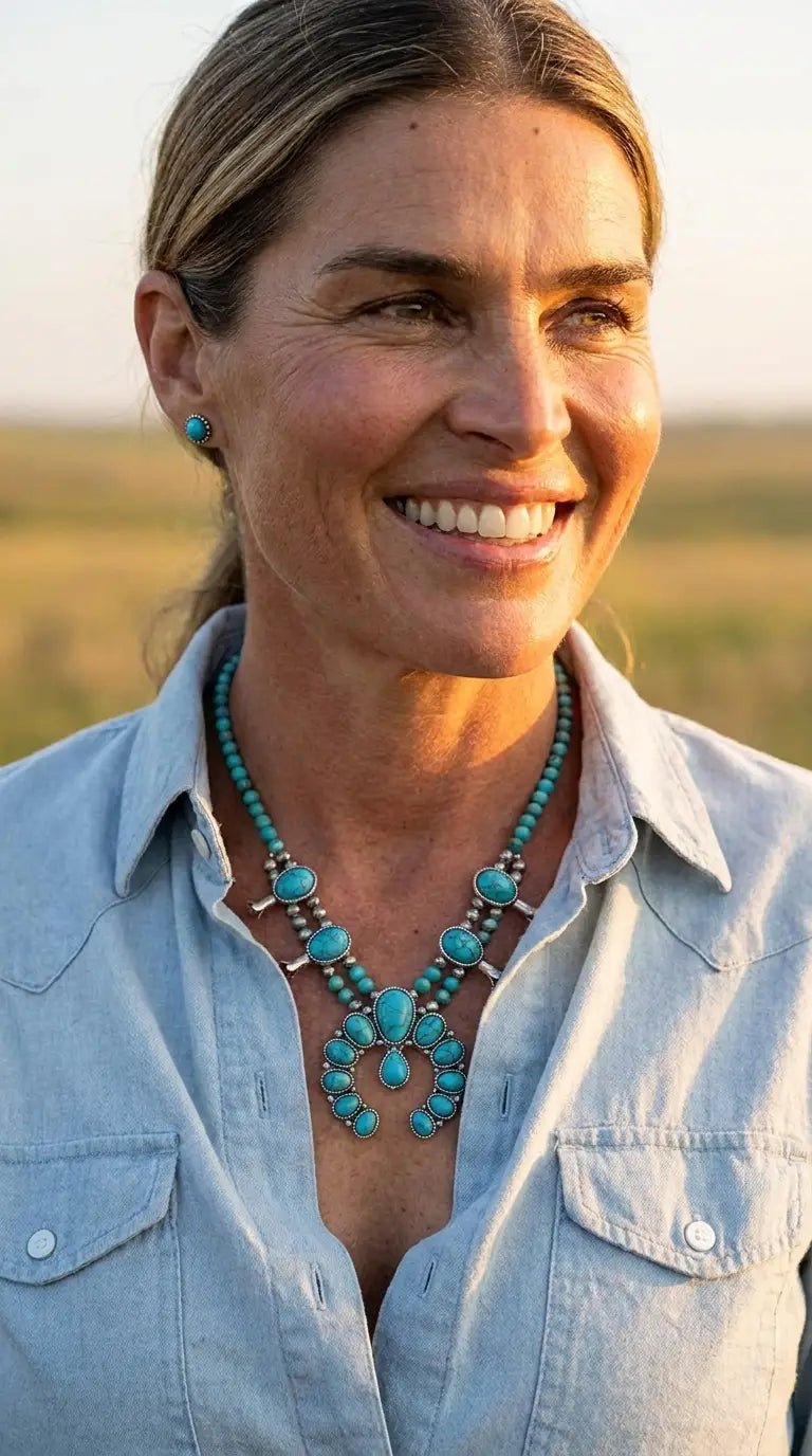 Faux Turquoise Squash Blossom and Earring Set - 18 inch necklace - Cowhide and Conchos