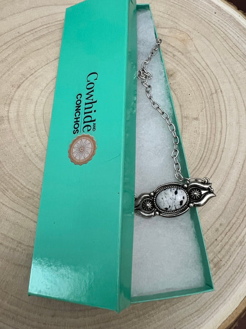 Faux White Buffalo Bar Necklace - 18 inch + 3 - Cowhide and Conchos