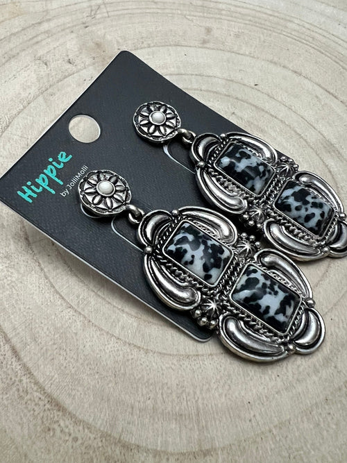 Faux White Buffalo Drop Earrings - Cowhide and Conchos